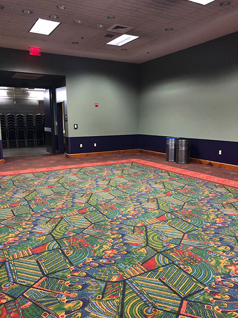 The room’s walls are navy blue on the bottom and a lighter teal on top. The carpet is a unique pattern of greens, yellows, and reds, all outlined by a red border.
