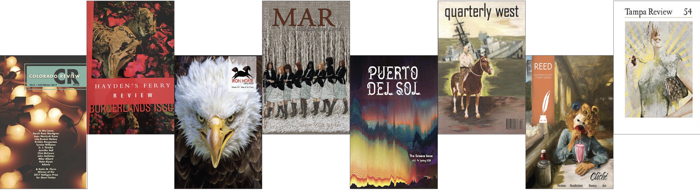 Staggered literary journal covers: Colorado Review, Hayden's Ferry Review, Iron Horse, Mar, Puerto Del Sol, Quarterly West, Reed, and Tampa Review